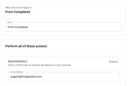 Image depicting a Firstparty marketing automation workflow, with a criteria requiring a &quot;Form Completed&quot; event in order for a &quot;Send Notification&quot; action to fire.